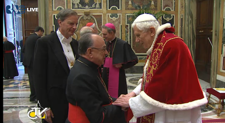 A cardinal greets Pope Benedict in the Vatican's Clementine Hall this morning