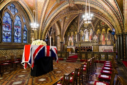 Baroness Thatcher's coffin lies in the Crypt Chapel of St Mary Undercroft beneath the Houses of Parliament (Leon Neal/PA Wire)