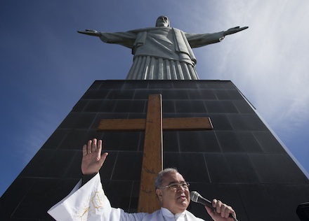 Rio Archbishop Tempesta preaches at the foot of Christ the Redeemer (CNS)