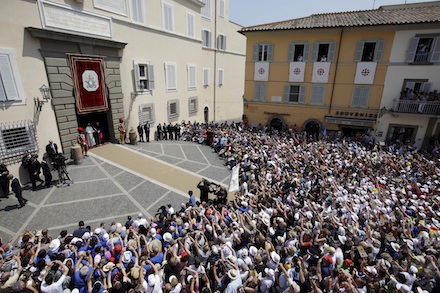 Pope Francis delivers the Angelus address at Castel Gandolfo (AP)