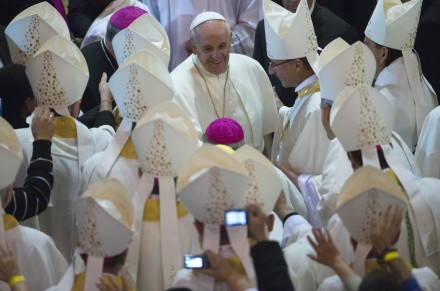 Pope Francis greets bishops in Rio (AP)