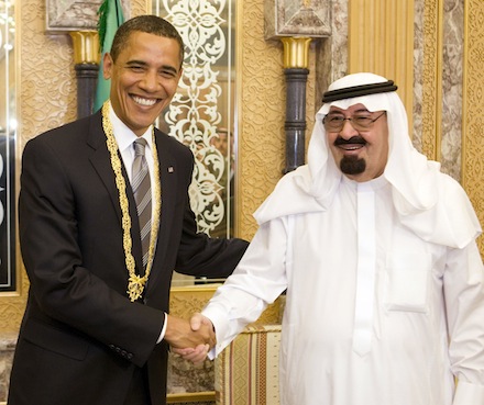 U.S. President Barack Obama wears a gift from Saudi Arabia's King Abdullah (CNS)
