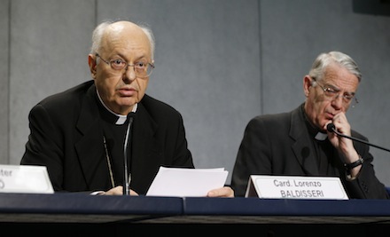 Cardinal Baldisseri discusses the working document yesterday (CNS)